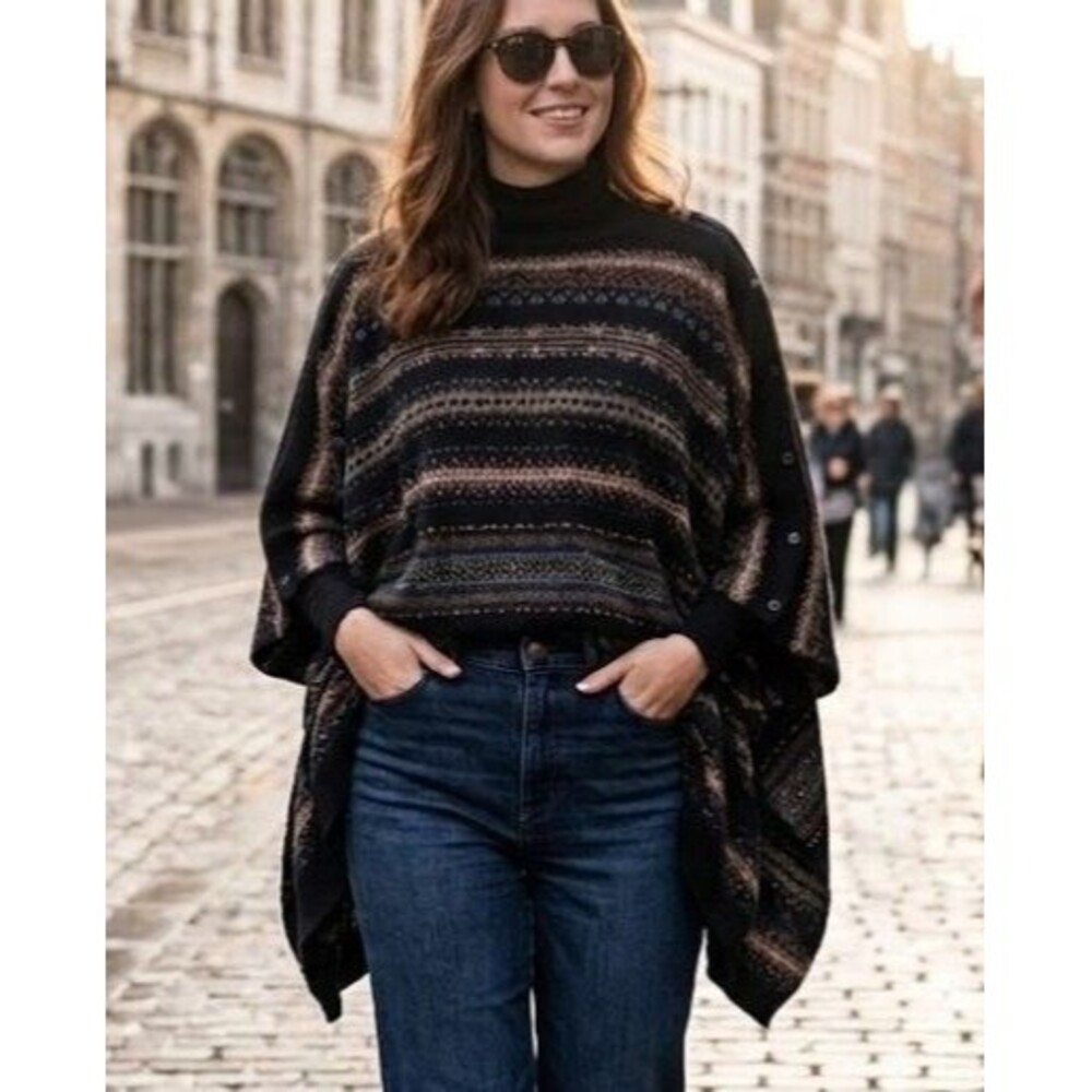 NWOT J Jill Fair Isle Poncho Sweater One Size Knit Button Shoulder Boho Cozy